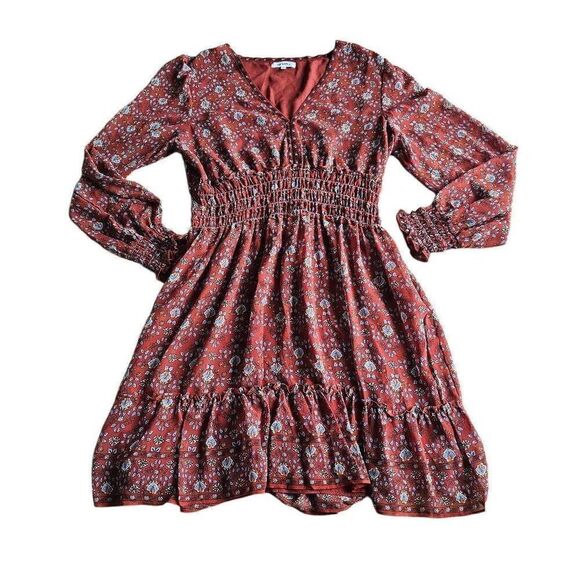 Max studio womens Sz L burn orange floral V neck Smocked maxi dress - Picture 3 of 8